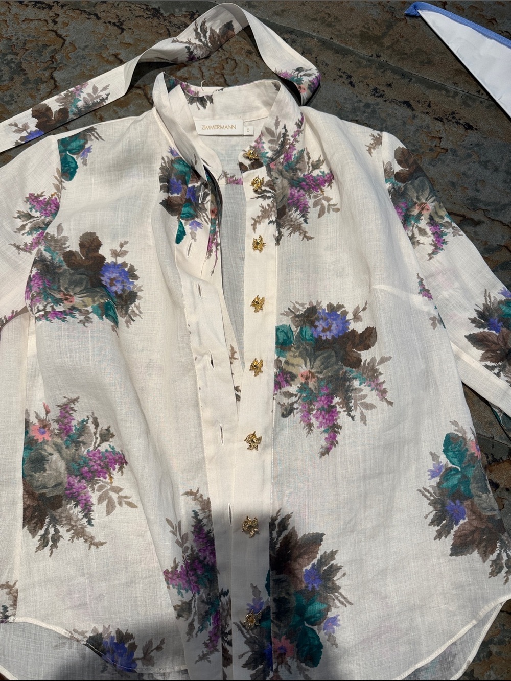 Zimmermann Cream Linen Button-Down Shirt with Teal, Purple & Brown Floral Print